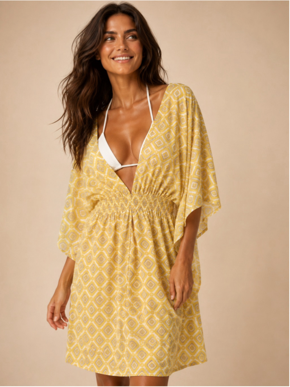 Lindsay Phillips Yellow Geometric Swim Cover Up Kaftan Beach Tunic Resort S/M